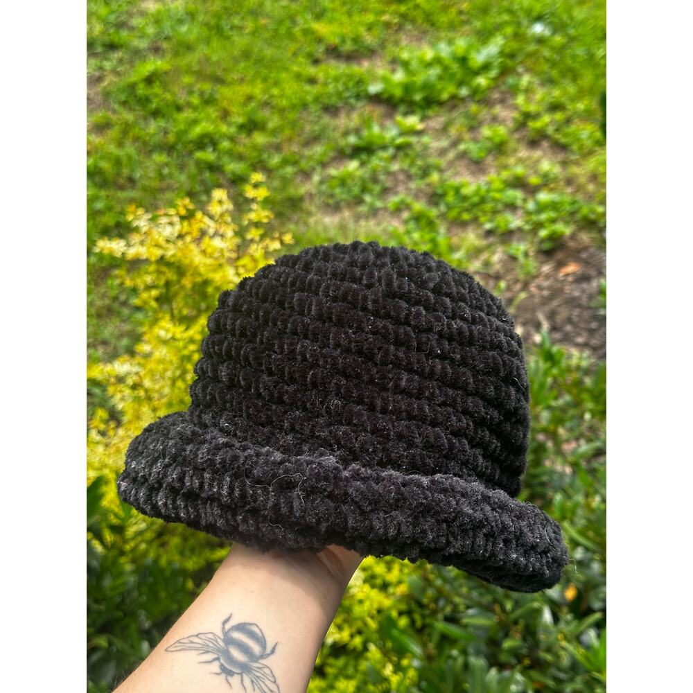 Vintage Black Chenille Bucket Hat Soft Textured Fuzzy Cloche Style Hat